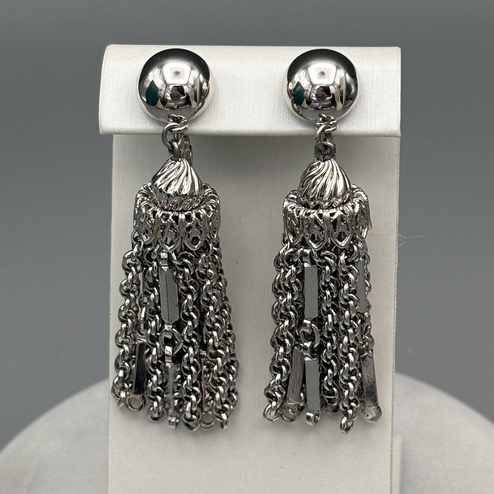 Monet Clip On Earrings Damita Silver Tone Tassel Vintage Filigree Drop 2 Inch